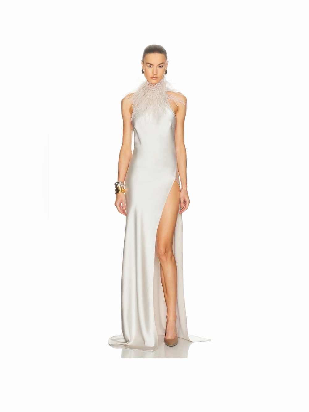 The New Arrivals by Ilkyaz Ozel Jazzy Feather Detailed Satin Dress in Taj Mahal